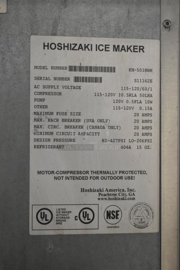 Hoshizaki KM-501MWH ice machine plaque showing model, serial number S11162E, 115-120V, 1 phase, UL and NSF certified.