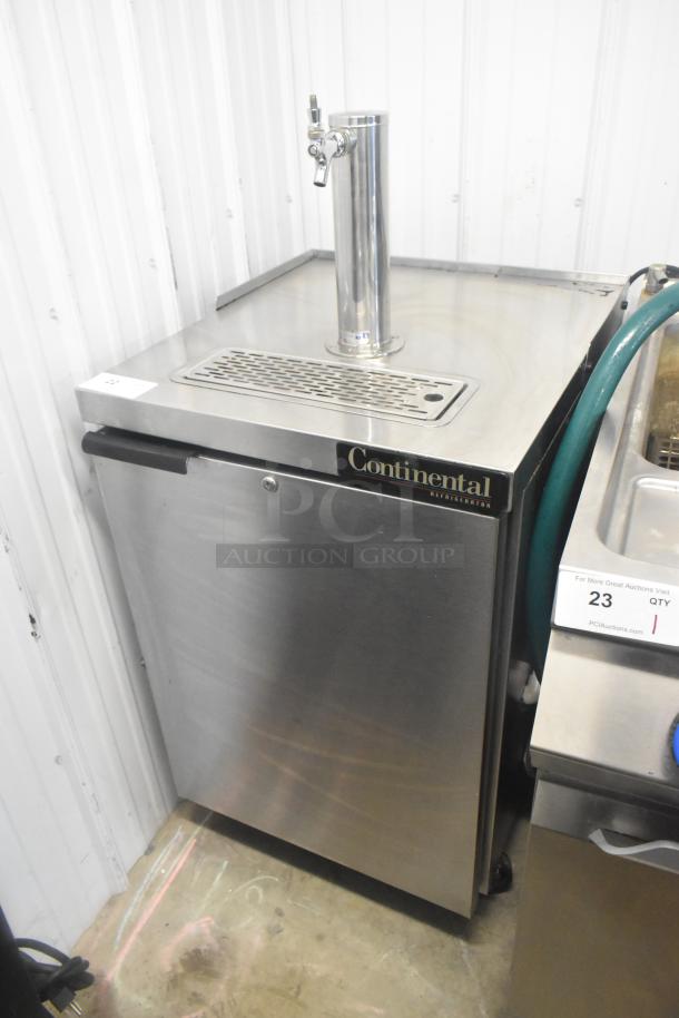 Continental KC24-SS kegerator with single tap, stainless steel finish, mounted on commercial casters, 115V, 1 phase.
