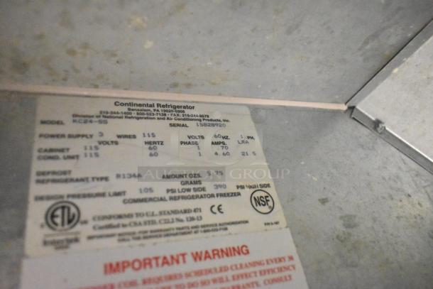Continental KC24-SS kegerator label detailing model, power, and refrigerant info, including NSF certification mark.