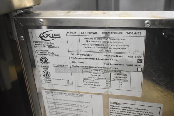 Axis AX-GPC2WB Pasta Cooker, stainless steel, natural gas, 100,000 BTU, commercial use, model details and certifications shown.