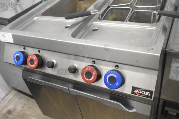 Axis AX-GPC2WB Stainless Steel 2 Bay Pasta Cooker, commercial floor model, natural gas, 100,000 BTU, control knobs visible.