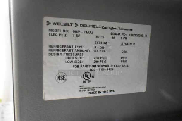 2019 Delfield 406P-STAR2 commercial undercounter cooler, single door, on casters, 115V, 1 phase. Label shows specs and NSF certification.