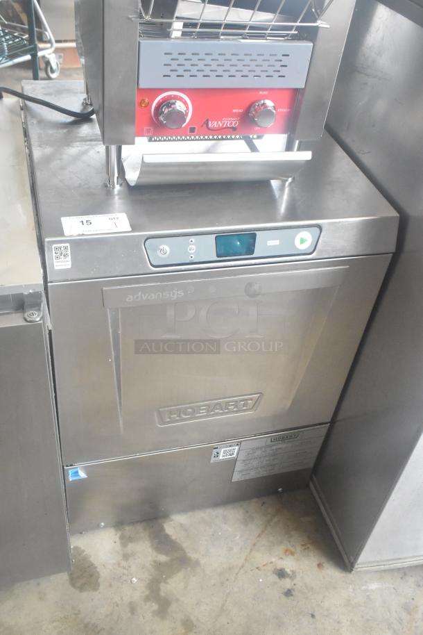 2020 Hobart LXER commercial undercounter dishwasher, stainless steel, 120/208-240V, 1 phase, digital display, model tag visible.