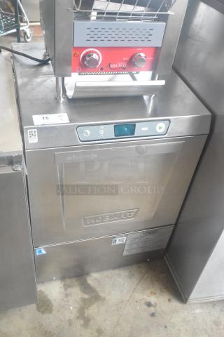 2020 Hobart LXER commercial undercounter dishwasher, stainless steel, 120/208-240V, 1 phase, digital display, model tag visible.