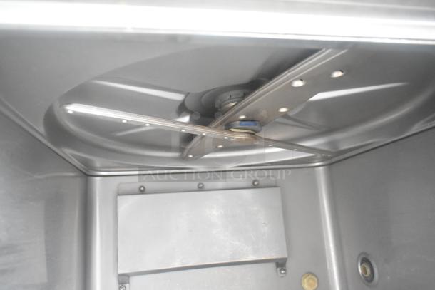 2020 Hobart LXER commercial dishwasher interior, stainless steel, showing sprayer arm. Model LXER, 120/208-240V, 1 Ph.