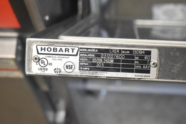 2019 Hobart LXER commercial undercounter dishwasher, 120/208-240V, 1 phase, model and serial number label displayed.