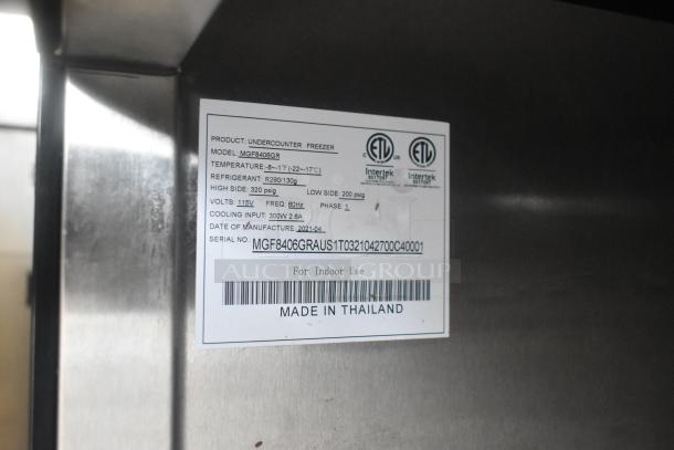 2021 Atosa MGF8406GR Commercial 2 Door Undercounter Freezer, 115V, 1 Phase, Model MGF8406GR, Made in Thailand.