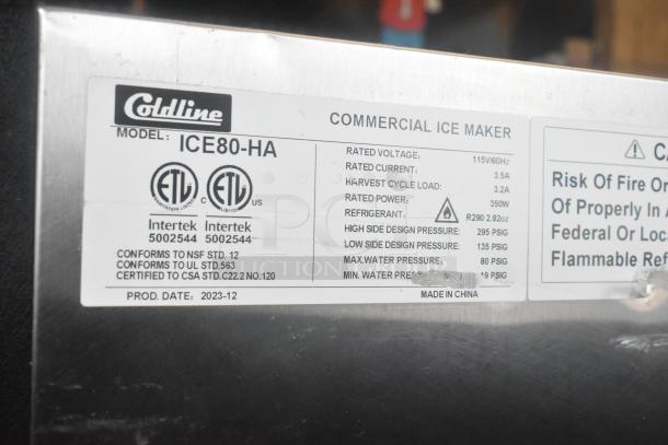 2023 Coldline ICE80-HA ice machine label. Voltage 115V, refrigerant R290. Certified by Intertek. Made in China.
