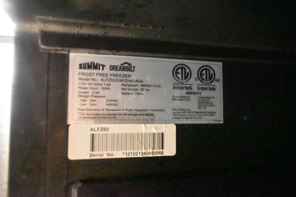 Summit ALFZ53 undercounter freezer label, showing model and specs: 115V, R600a refrigerant, made in China, serial number.