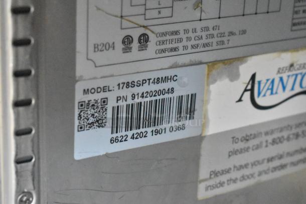Barcode and model label on Avantco 178SSPT48MHC Sandwich Salad Prep Table.