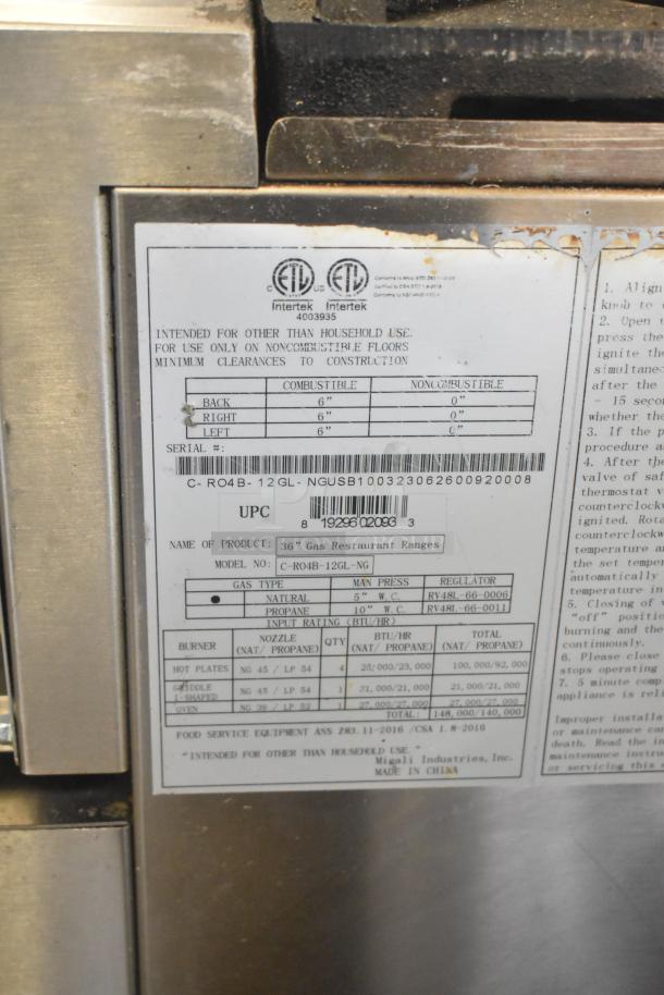 Migali C-RO4B-12GL-NG commercial natural gas range with 4 burners, griddle, standard oven, and commercial casters. Serial tag info visible.