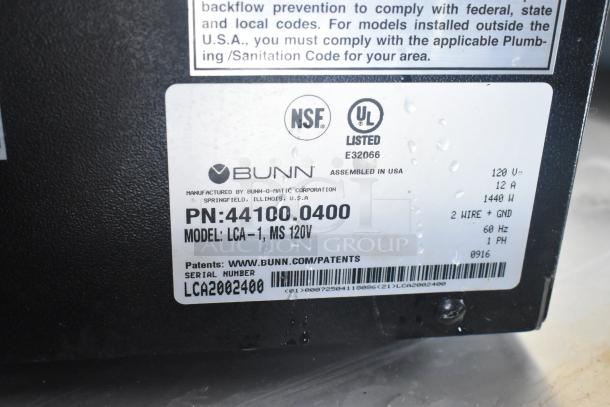 2016 Bunn LCA-1 Marukome countertop coffee dispenser, 120V, model LCA-1, label showing specifications and serial number.