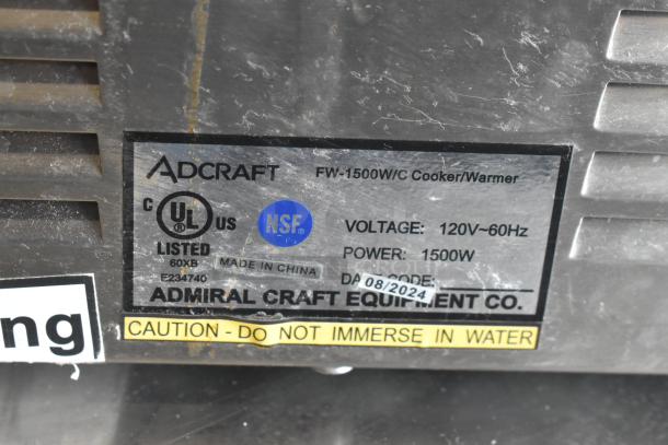 Adcraft FW-1500W/C Countertop Food Warmer. Voltage: 120V, Power: 1500W. UL listed, NSF certified. Caution label visible.