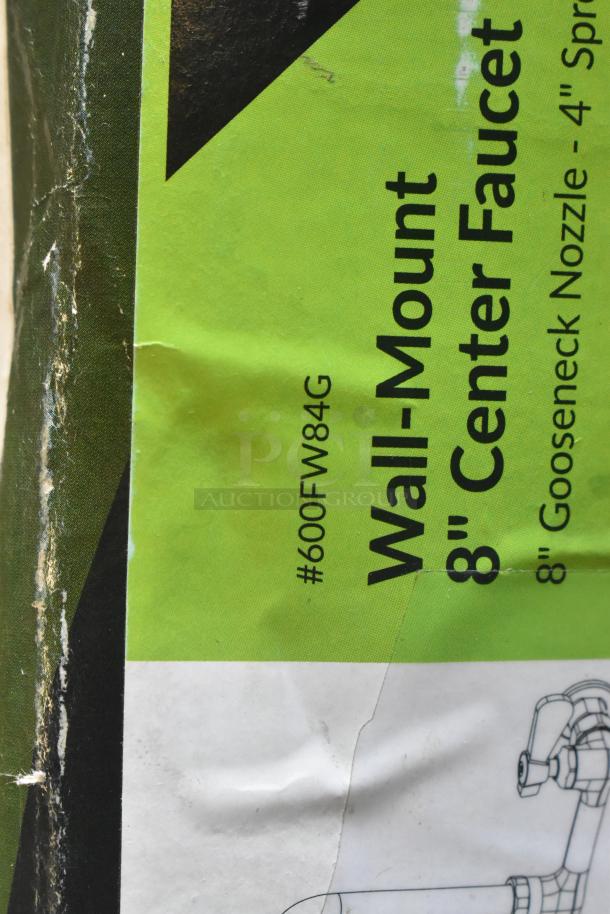 BRAND NEW Regency 600FW84G wall mount faucet with 3 1/2" swivel gooseneck, 8" centers. Visible scratches on packaging.