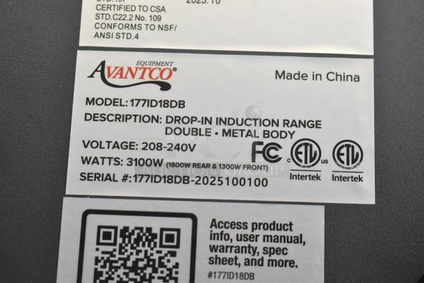 Avantco 177ID18DB Double Induction Range label showing voltage, wattage, serial number, and Intertek certifications.