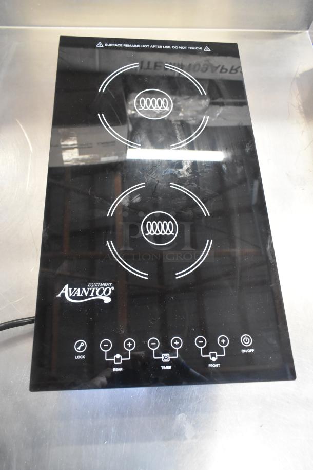2025 Avantco 177ID18DB double induction range, black, touch controls, 208-240V, 1 phase, "Surface remains hot" warning.