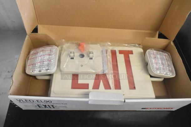 Brand new VLED-EL90 exit sign in box. Thermoplastic LED combo. Minor scratches. Ready to install. Auction includes 4 items.