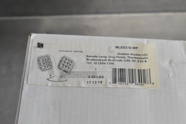 Box with label for MLED2-G-WP outdoor double LED lamp, gray finish, thermoplastic, multi-volt, 12 LEDs, 1.5W.