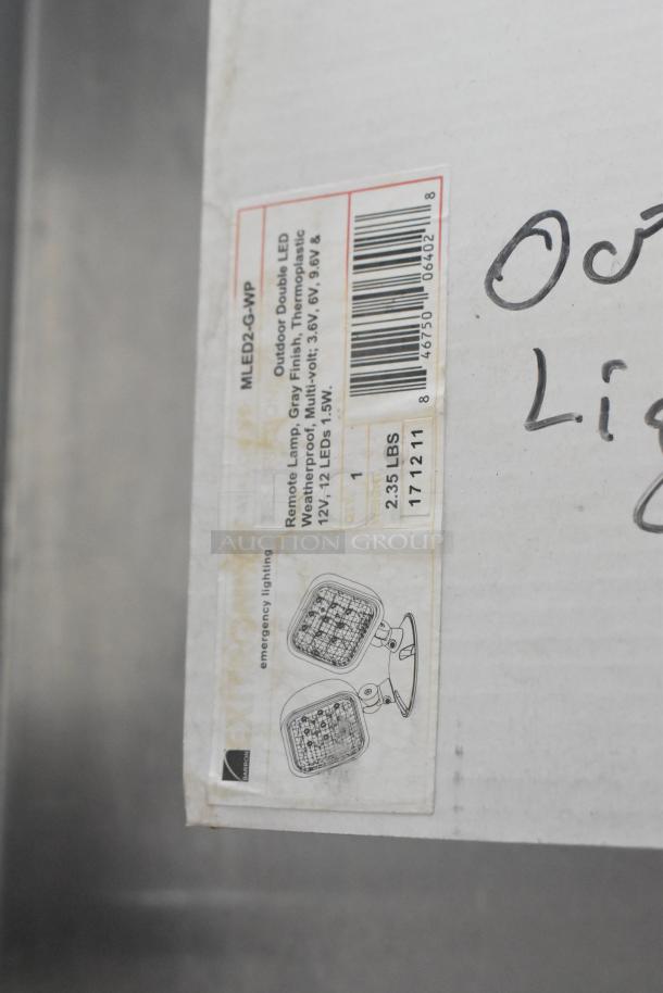 Box label for MLED2-G-WP Outdoor LED lamp, gray finish, thermoplastic, multi-volt, 12V, 15W, 2.35 lbs, scratch and dent.