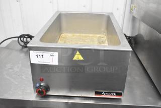 Adcraft FW-1500W/C commercial countertop food warmer, stainless steel, 120V, with control knob and caution label.