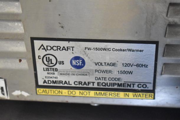 Adcraft FW-1500W/C Commercial Food Warmer label, showing 120V, 1500W, UL listed. Caution label: "Do not immerse in water."
