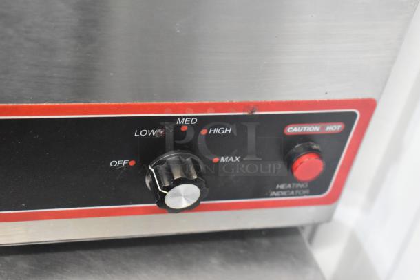 Winco FW-S500 Commercial Food Warmer, stainless steel, 120V 1 Phase, adjustable temperature dial, caution hot label.