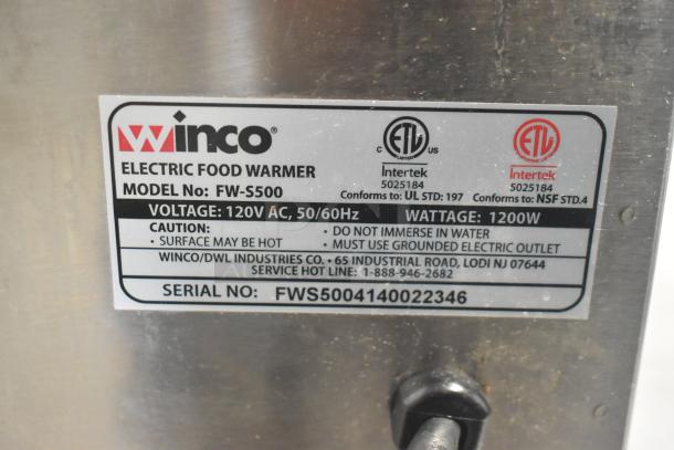 Winco FW-S500 Commercial Food Warmer label showing voltage, wattage, safety warnings, and serial number.