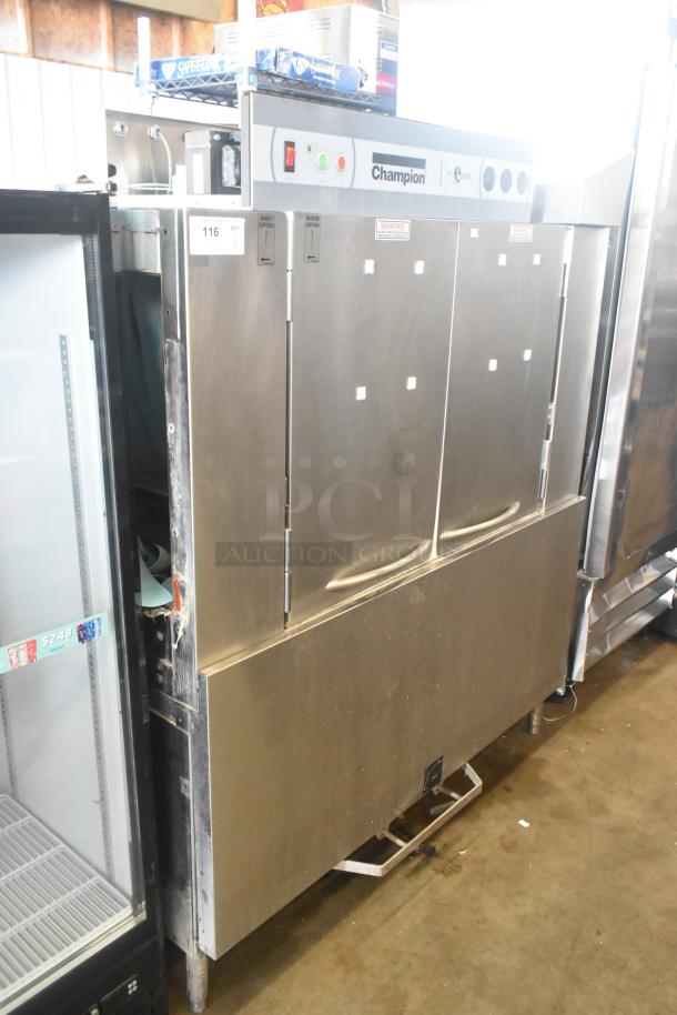 Champion commercial conveyor dishwasher, stainless steel, 208V, 3 phase, dual door, feature control panel, used condition.