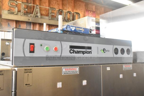 Champion Commercial Floor Conveyor Dishwasher, 208V, 3 Phase. Features control panel with power, start, stop buttons.