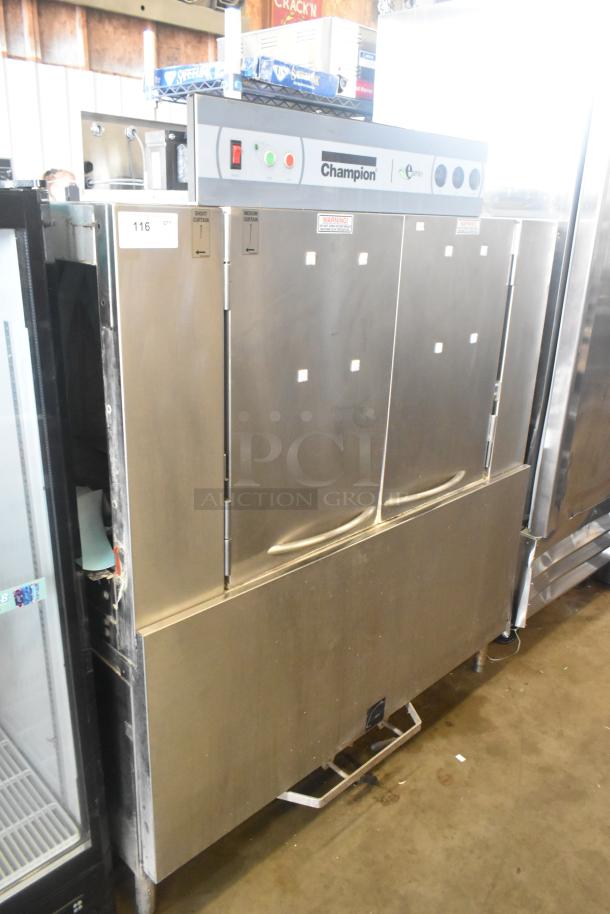 Champion commercial conveyor dishwasher, 208V, 3-phase, stainless steel, moderate wear. Visible control panel and Champion logo.