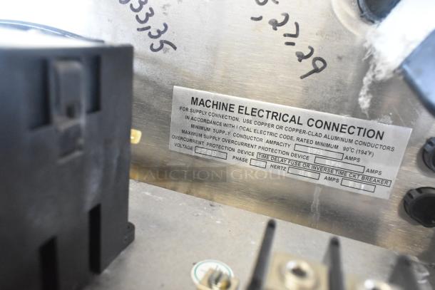 Champion Commercial Floor Conveyor Dishwasher, 208V, 3-phase. Machine electrical connection label visible.