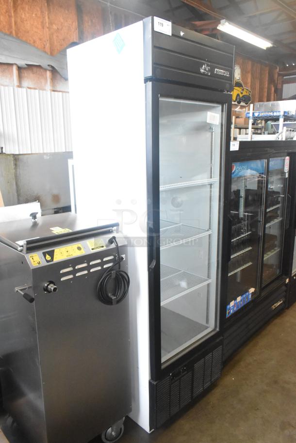 2019 Habco SE18 commercial single door reach-in cooler merchandiser, 115 volts, clean, with shelving, minor wear.