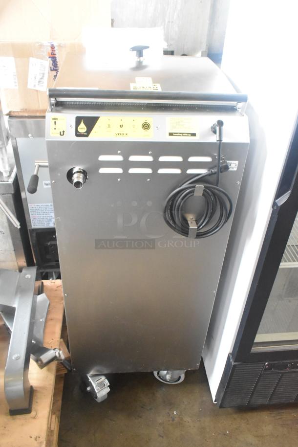 Brand new Vito Fryfilter VITO XL, 219 lb capacity, mobile fryer oil filter system. Features commercial casters, 100-120V, 1 phase.