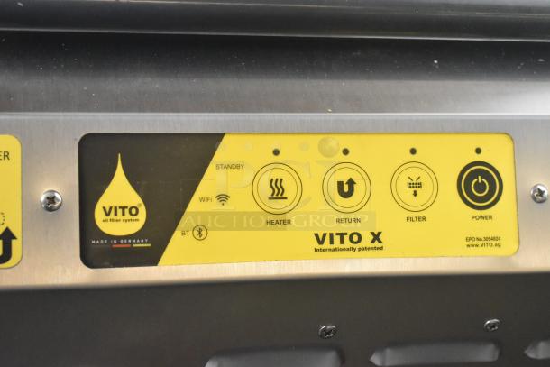 Vito VITO XL fryer oil filter system control panel with icons for standby, heater, return, filter, and power. Made in Germany.