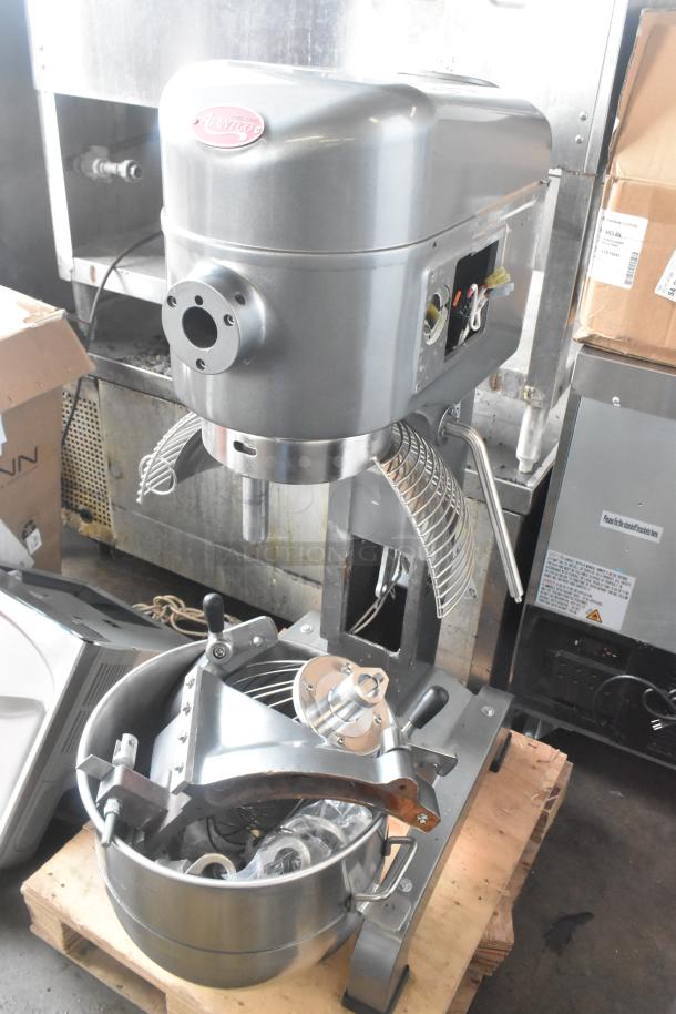 BRAND NEW Avantco MX40H dough mixer, with bowl, bowl guard, paddle, whisk, dough hook; scratch and dent condition.