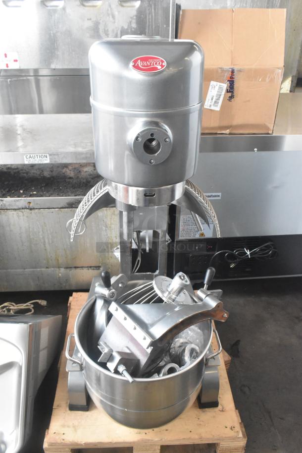 Brand new Avantco MX40H commercial dough mixer with bowl, bowl guard, paddle, whisk, and dough hook attachments.