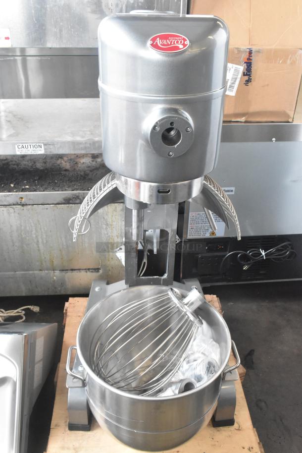 Brand new Avantco MX40H commercial dough mixer with bowl, guard, paddle, whisk, and dough hook attachments.