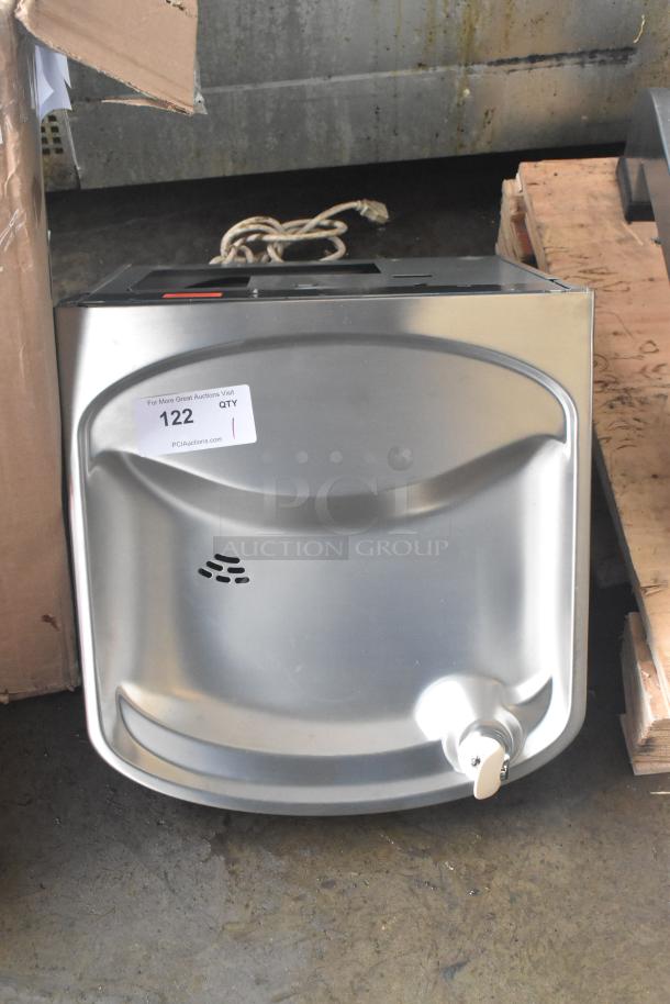 Brand new Elkay EZFSD_1H wall mount water fountain, 115V, 1 phase, stainless steel, minor scratches, model tag visible.