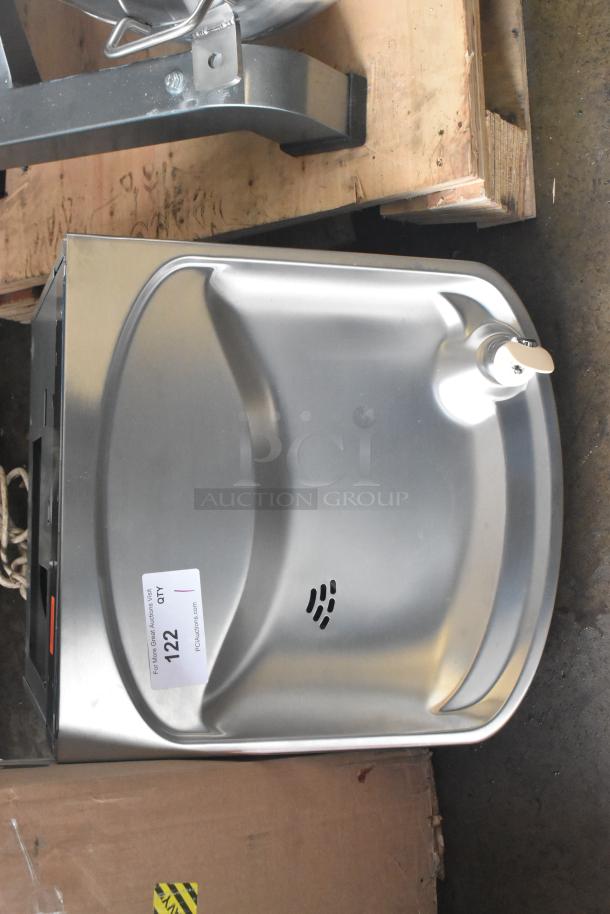 Brand new Elkay EZFSD_1H wall mount water fountain, 115 volts, 1 phase, scratch and dent condition, auction label visible.