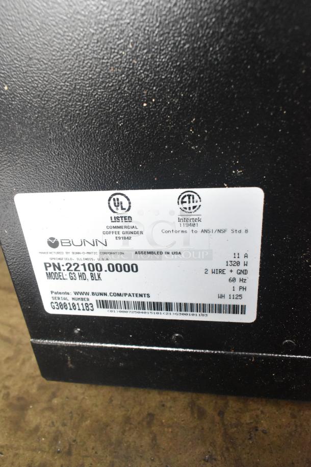BRAND NEW 2025 Bunn G3 HD coffee grinder label, model 22100.0000, stating UL and ANSI/NSF conformity, 1320W, black.