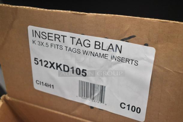 Box of BRAND NEW scratch and dent 512XKD105 3"x1/2" deli tag blank name inserts, 100 per pack, with visible label.
