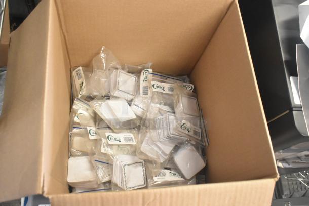 Box of new deli tags, including 512XKD710BK square tags with black checkered border and chalkboard tags, by Choice.