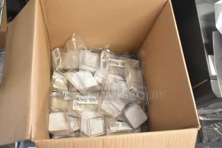 Box of new deli tags, including 512XKD710BK square tags with black checkered border and chalkboard tags, by Choice.