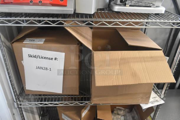 Box of BRAND NEW SCRATCH AND DENT deli tags, including Square Write-On with Black Checkered Border and Rectangular Chalkboard tags.