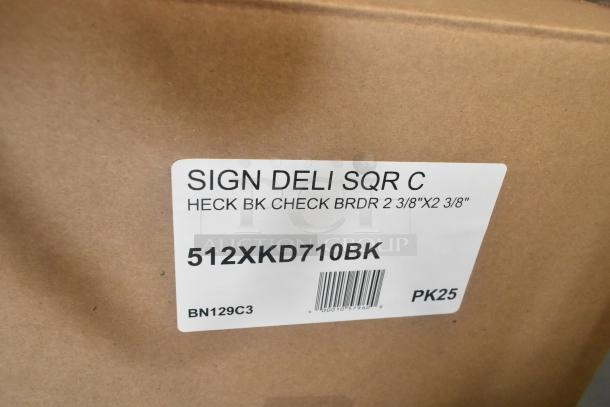 Lot of new deli tags, including 512XKD710BK square, chalkboard tags 512XKD620B and 512XKD650B, in original packaging.