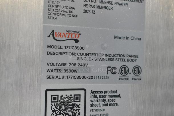 BRAND NEW 2023 Avantco IC3500 countertop induction range, 208-240V, stainless steel, 3500W, model 177IC3500, scratch and dent.