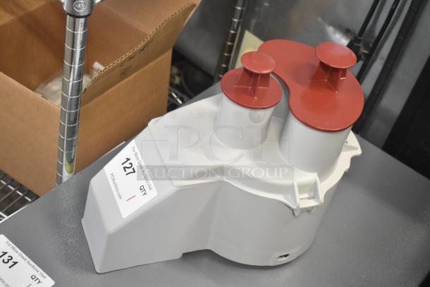 Brand new gray poly continuous feed head attachment for food processor, scratch and dent condition, with red lids.