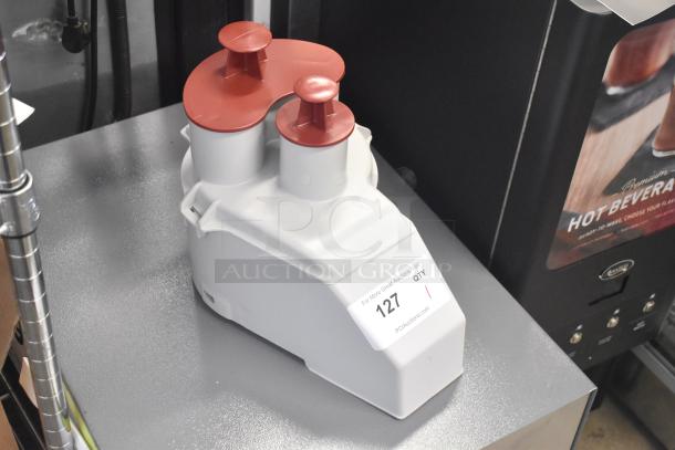 Gray Poly Continuous Feed Head Attachment for Food Processor, brand new with minor scratches. Auction tag #127 visible.