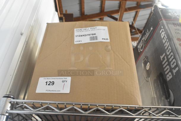 Rectangular write-on deli tent signs with black checkered border, model 512XKD707BK, brand new, 25-pack, labeled.