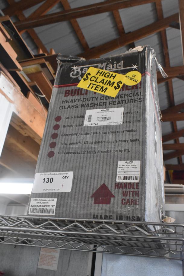 BRAND NEW SCRATCH AND DENT Bar Maid A-200 Upright Bar Glass Washer in box, 115V, 1 Phase, with tags indicating "HIGH CLAIM$ ITEM".